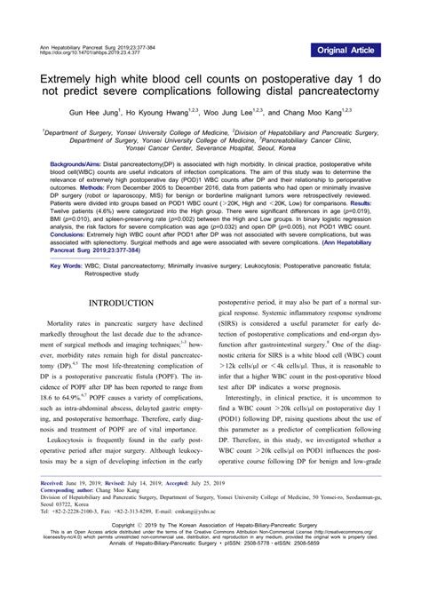 (PDF) Extremely high white blood cell counts on postoperative day 1 do not predict severe ...