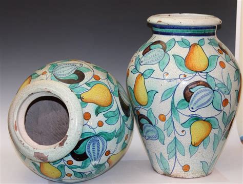 Large Pair Vintage Italian Pottery Faience Majolica Vases Urns Old Deruta For Sale at 1stdibs