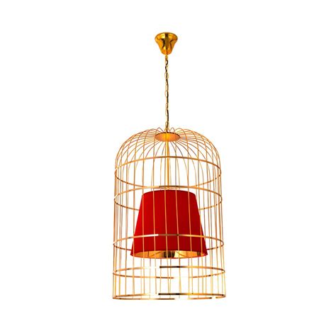Red Bird Cage Ceiling Light Minimalistic Metal 1 Light Dining Room Pendant with Inner Cone Shade ...