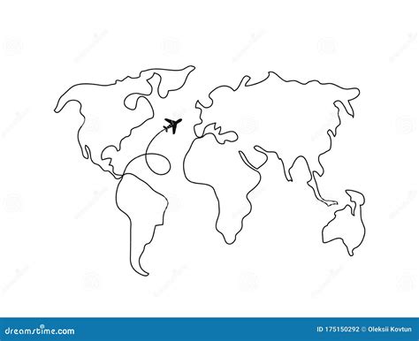 World Map Line Art. Continuous Line Drawing. Airplane Stock Vector - Illustration of white ...