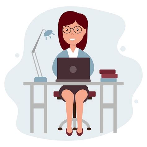 Premium Vector | Illustration a female office worker with a laptop sits at a table Clip art ...