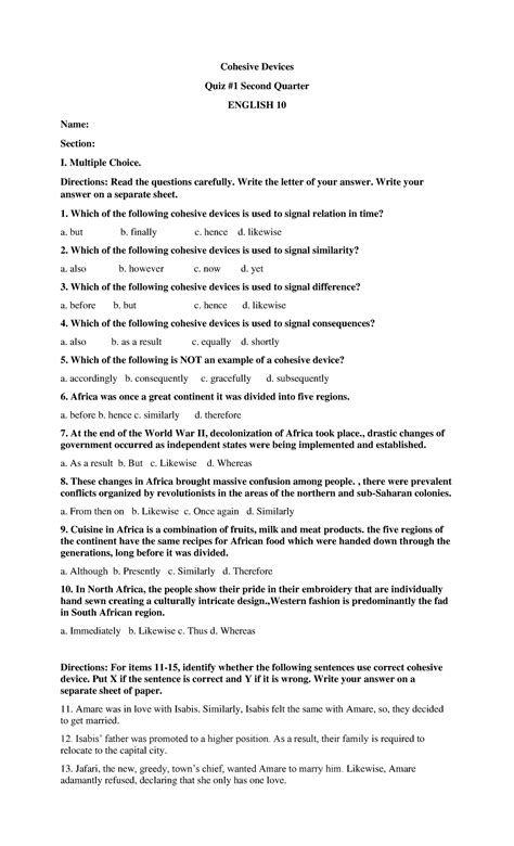 Cohesive Devices Quiz - qui - Cohesive Devices Quiz #1 Second Quarter ENGLISH 10 Name: Section ...