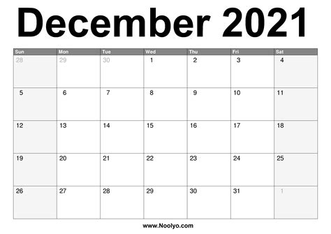 December 2021 Calendar Printable – Free Download – Noolyo.com