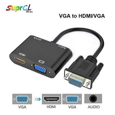 Bộ chuyển đổi VGA sang HDMI VGA 1 đầu vào 2 đầu ra với cáp âm thanh 3.5mm nhiều cổng hỗ trợ máy ...