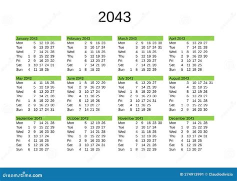 Year 2043 Calendar in English Stock Illustration - Illustration of year ...