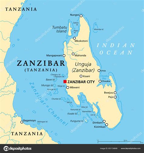 Zanzibar Island Unguja Tanzanie Politická Mapa Největší Nejobydlenější Ostrov Souostroví Stock ...