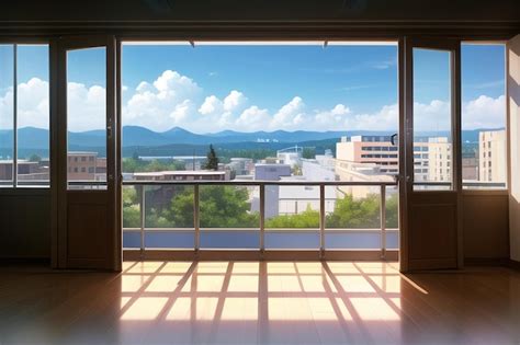 Premium AI Image | A balcony with a view of a mountain range in the distance.