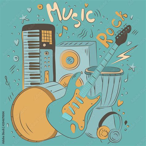 Hand drawn colorful music background. Doodle musical instruments. Retro musical equipment ...