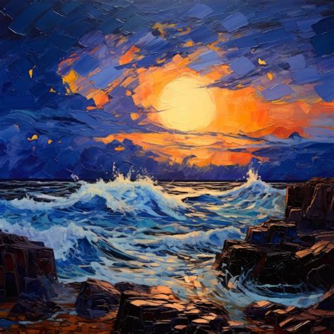 Premium AI Image | a painting of waves crashing on rocks