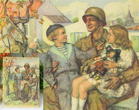 Vintage World War II Christmas Card 1944 WWII Soldier Children France - Postcards