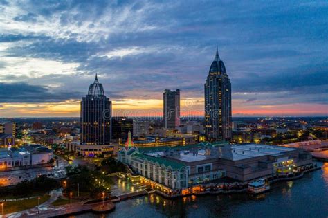 Downtown Mobile, Alabama Waterfront Skyline at Sunset Stock Photo - Image of harbor, mobile ...