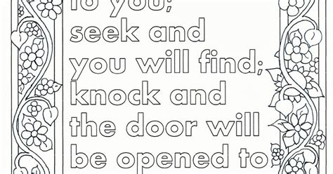 a coloring page with the words, to you seek and you will find knock and the door