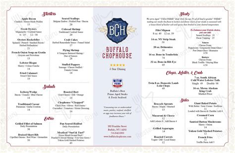 Menu at Buffalo Chophouse steakhouse, Buffalo