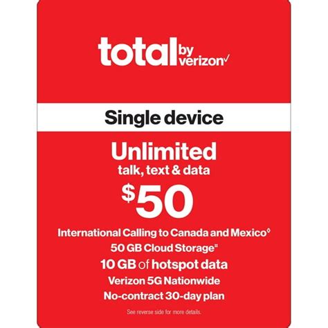 Total by Verizon $50 Unlimited Single Device 30-Day Prepaid Plan + 10GB of Mobile Hotspot + Int ...