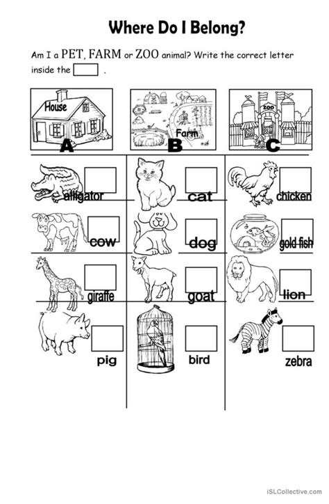 PET, FARM, or ZOO/WILD Animals: English ESL worksheets pdf & doc