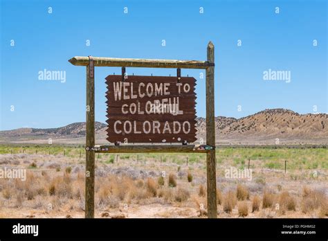 DINOSAUR, UT - JUNE 22, 2018: Welcome to Colorful Colorado state border ...