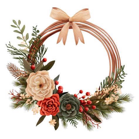 Christmas Boho Wood Wreath With Pine Branches, Ribbon And Flowers, Christmas Flower, Christmas ...