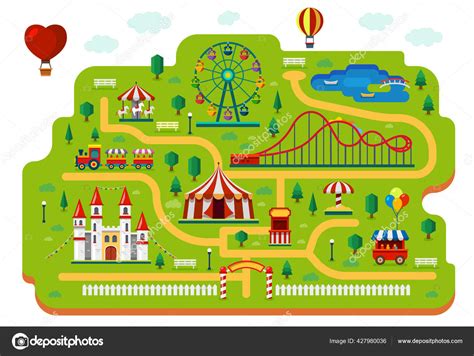 Amusement park map, funfair carnival rides plan Stock Vector by ...