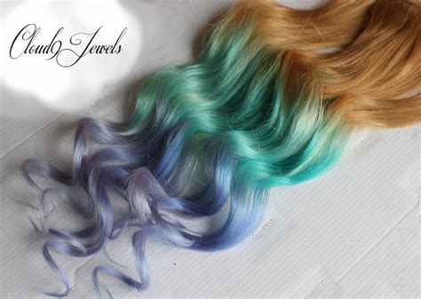 Pastel Clip In Hair Extensions, Ombre Hair, Mint, Purple, Ombre Dye Tips, Hair Wefts, Human Hair ...