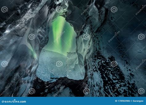 Northern Lights Aurora Borealis Over Glacier Ice Cave. Stock Photo - Image of caves, magical ...