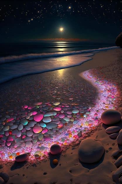 Premium Photo | Beach at night with pebbles in the sand and a full moon ...