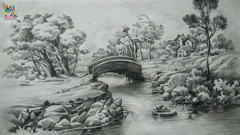 How To Draw A Easy Landscape With PENCIL STROKES | Pencil Shading | Step... | Landscape pencil ...