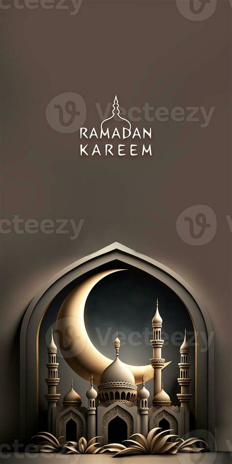 Ramadan Kareem Vertical Banner Design With 3D Render of Exquisite Mosque, Crescent Moon Inside ...