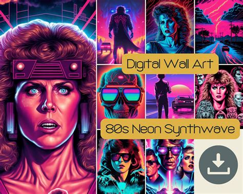 9 80s Synthwave Digital Wall Art, Printable Poster Home Decor, Neon Skull SVG Retro Vintage ...