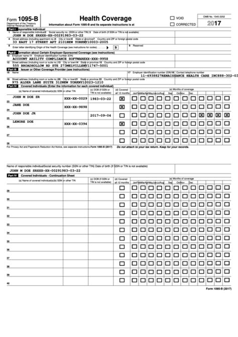 Form 1095-B - Health Coverege - 2017 printable pdf download