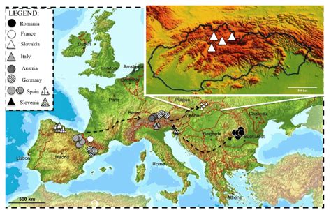 Map of collection sites of Erebia pronoe in European mountain ranges ...