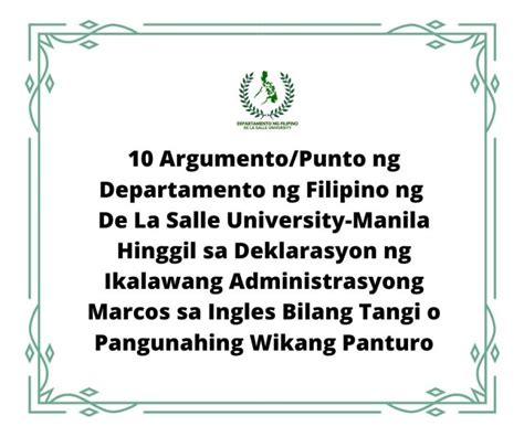 10 Argumento/Punto ng Departamento ng Filipino ng De La Salle University-Manila Hinggil sa ...