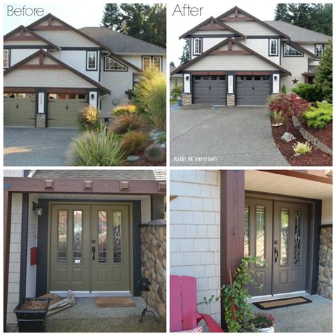 Exterior before and after with painted garage doors, front door and black trim with vinyl siding
