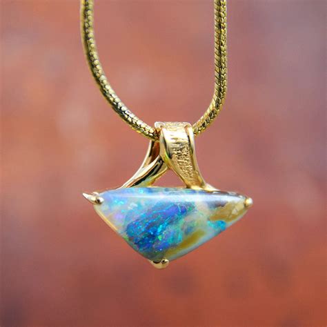 Unique Solid Boulder Opal Pendant 14K Yellow Gold Natural