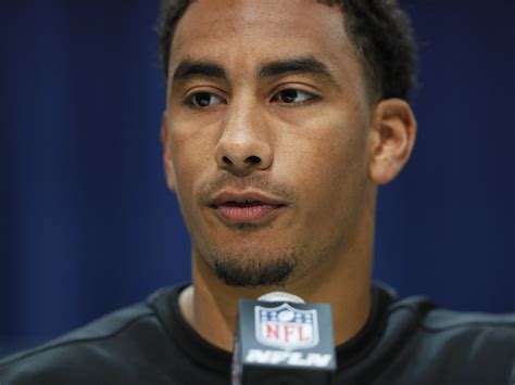 Utah State quarterback Jordan Love speaks during a press conference at the NFL football scouting ...