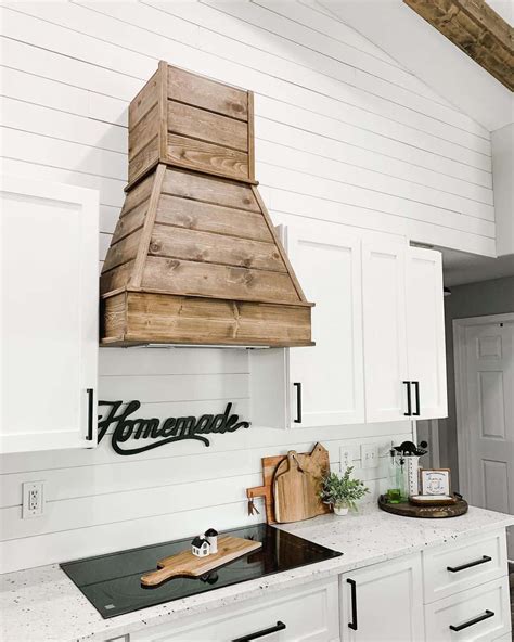 White Shiplap Walls with Rustic Wood Range Hood - Soul & Lane