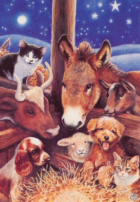 Away in a Manger Cat Dog Donkey Stable Manger Nativity Animal Charity Christmas Cards (Pack of ...