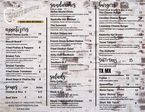 The Dirty South menu in Angleton, Texas, USA