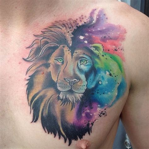 Wonderful watercolor lion tattoo on chest - Tattooimages.biz