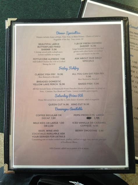 Menu at The Hideaway restaurant, Slinger