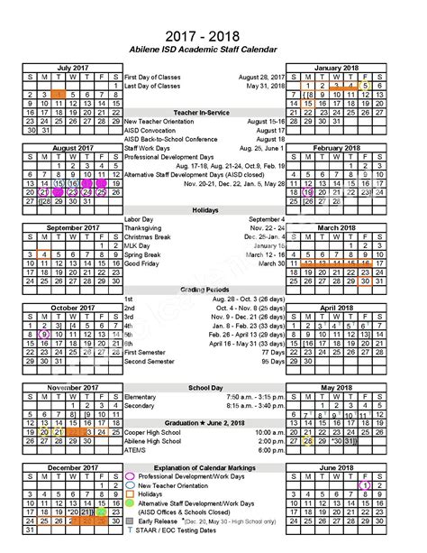 2016 - 2017 District Calendar | Abilene Independent School District – Abilene, TX