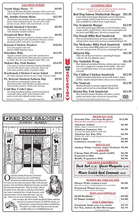 Red Dog Saloon menus in Juneau, Alaska, United States