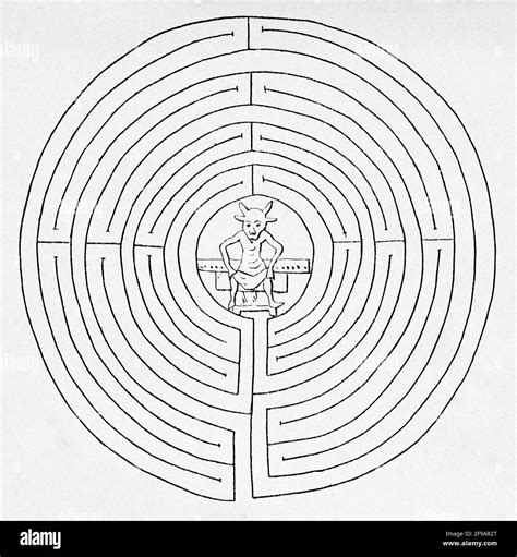 The Minotaur labyrinth designed by architect Daedalus for King Minos of Crete, ninth century ...