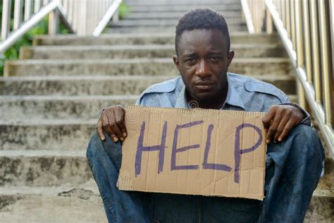 Young Homeless African Man with Cardboard Sign Asking for Help Stock Image - Image of city ...