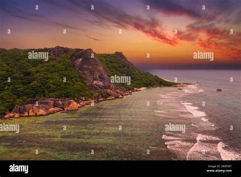 Sunset above Anse Source D'argent beach at the La Digue Island, Seychelles Stock Photo - Alamy