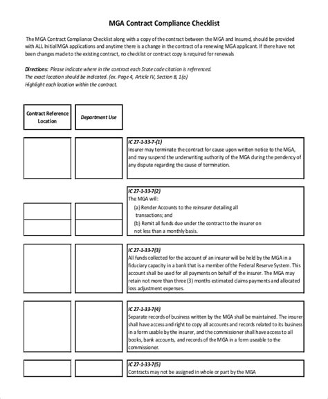 Contract Compliance Checklist Template