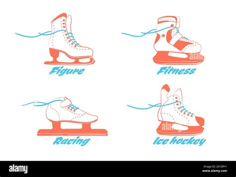 set of different ice skates - figure, fitness, Racing, hockey. Type of ice skate boots. Winter ...