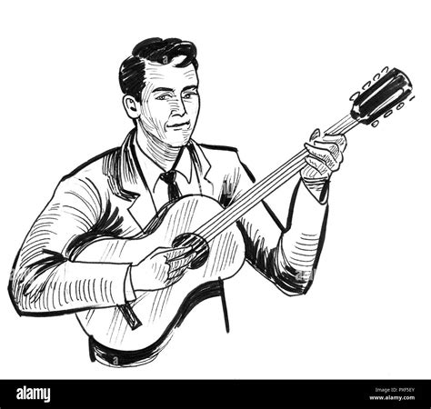 Musician playing guitar. Ink black and white drawing Stock Photo - Alamy