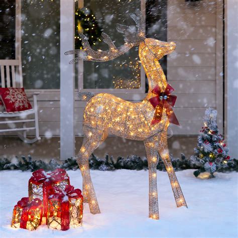 5ft 3D Pre-Lit Gold Glitter Christmas Reindeer Yard Decoration w/ 150 ...