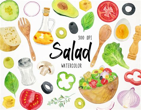 Watercolor Salad Clipart, Salad Ingredients Clipart, Healthy Food ...