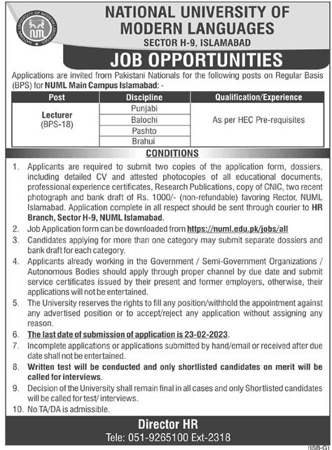 Lecturer jobs at NUML Islamabad Campus 2024 Job Advertisement Pakistan